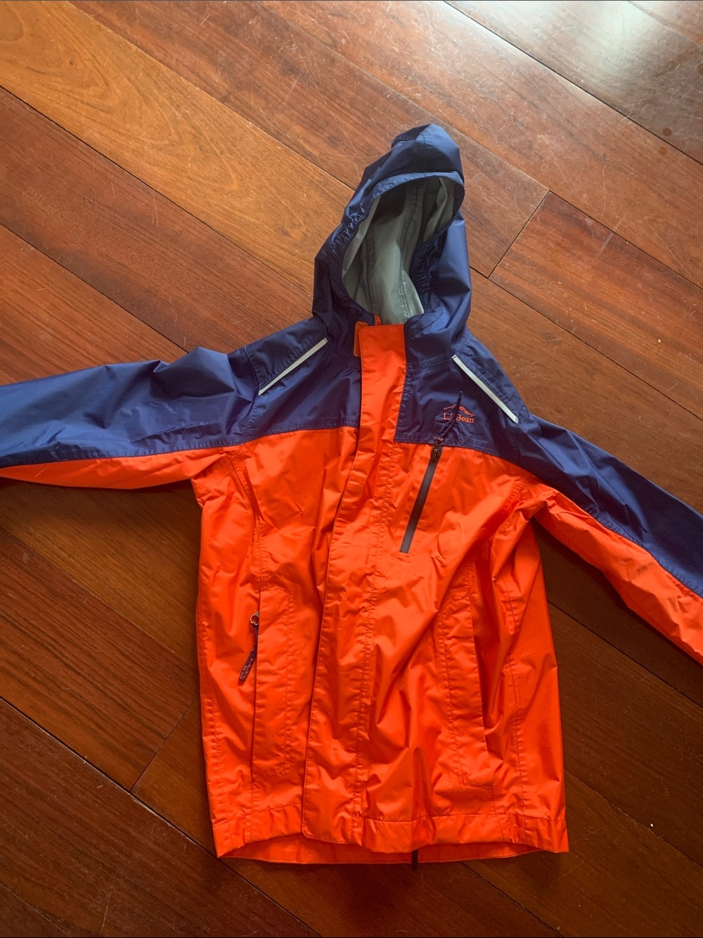L.L. Bean Orange and Navy Kids' Hooded Rain Jacket